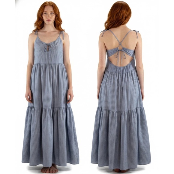 Forever 21 Dresses & Skirts - Forever 21 Blue White Striped Seersucker Tiered Open Back Maxi Dress Sz Large